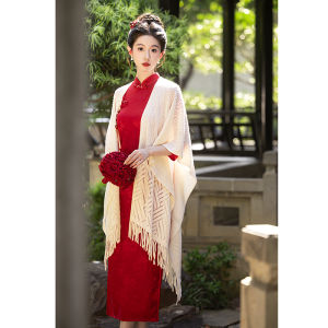 Red Cheongsam Engagement Dress Long Sleeve Wedding Ceremony Womens Beautiful Gown Traditional Chinese Style New 2025 Model