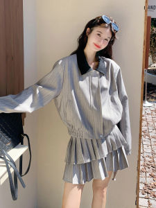 Gray Korean College Style Anti-Aging Set Dress Womens Jacket Skirt Two-Piece Suit Autumn New Arrival High Waist Short Skirt