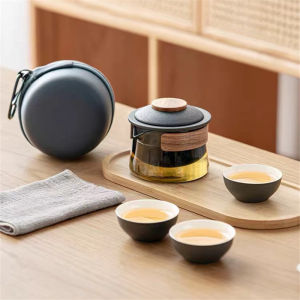 Portable Travel Tea Set One Pot Three Cups Ceramic Glass 1set