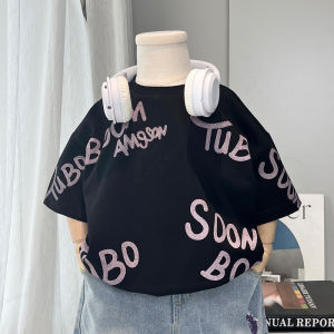 Boys Summer Fashionable Thin Short Sleeve T-Shirt Korean Style Cartoon Print Cotton Polyester Blend Breathable Standard Fit