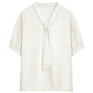 XIAOMENG | Professional V-Neck Bowtie Voile French Puffed Sleeves White Summer Shirt