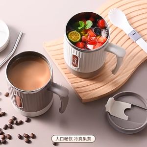 [Buy 1 Take 1] 400ml Coffee Cup Mug Tumbler Hot And Cold Vacuum With Handle 304 Stainless Steel Travel Mug Tumbler Cup With Folding Spoon&straw Creative Gift Water Cup earphea