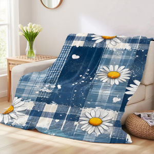 Beast Kingdom | Blue Plaid Daisies Four Season Flannel Blanket Soft Plush Skin Friendly Sofa Blanket A Great Gift Item