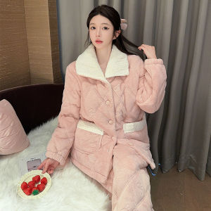 Winter Thickened Womens Sleepwear Cotton Fleece Lined Home Clothes Set Warm Coral Velvet Long Sleeve Zipper Closure Pajamas