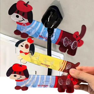 YESPERY 3Pcs Cute Dachshund Toothbrush Holder Cartoon Puppy Hook Bathroom Storage Rack Wall Mounted Plug Rack
