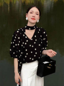 YUFUQING | French Elegant V-neck Polka Dot Short Sleeve Shirt Women Summer Thin Loose Design Sense High-grade Feeling Sash Top