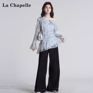 La Chapelle | Plaid Ruffled Hem Batwing Collar Off-Shoulder Irregular Long Sleeve Blouse