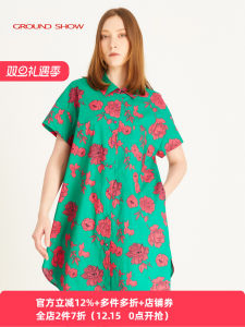 Green Floral Print Cotton Shirt Dress Turn-down Collar Loose Fashionable Summer New Arrival Womens Clothing Ground Show