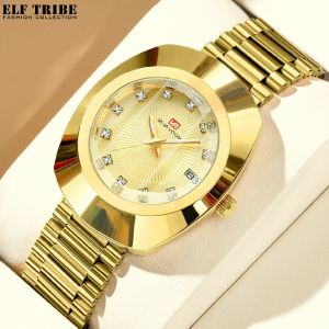 ELF TRIBE Đồng hồ cặp đôi vàng với kim cương đồng hồ thép không gỉ Đồng hồ đeo tay Quartz không thấm nước