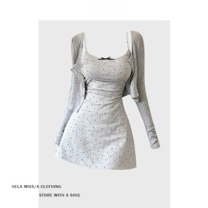 Spring Summer Knitted Open Cardigan Womens Sweet And Spicy Dot Dress Set Large Size Fashionable Two-Piece Ensemble Butterfly Knot