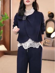 WANGGONGZHU | Fashionable Beaded Lace Patchwork Sweatshirt Womens Spring Autumn Large Size Top Princess Style Straight Cut Long Sleeve