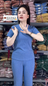 Sét Đồ Bộ Nữ Cổ Tim Tay Ngắn Quần Baggy Vải Gân Đũa Lạnh Đồ Bộ Mặc Nhà Ủ Kem Mát Mẻ Thoải Mái Size 1-5 (35-82kg)
