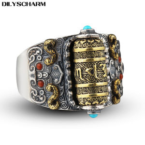 Dilyscharm Nhẫn cổ điển Bạc thép sáu từ xoay nhẫn cho nam giới