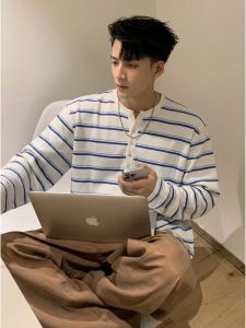 JIARONG | Men Henley Stripe Long Sleeve T-shirt