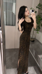 [Summer Casual Leopard Print Slit Dress]ชุดเดรสแขนสั้นทรงเข้ารูปผ่าข้างลายเสือดาวสไตล์ย้อนยุคแบบอเมริกันสำหรับฤดูร้อน