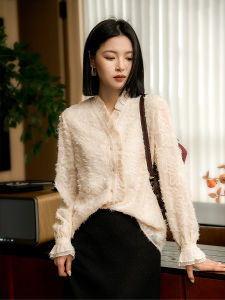 Flower-Embroidered French Style Stand Collar Womens Blouse