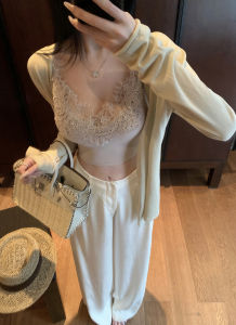 JAYKY YANG Lace Trim Knitted Vest Long Sleeve V-Neck Slim Fit Top Set Beautiful Waistline Fashion Casual Style for Women