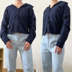 ●ECLAIRE● 0IS Kemeja lengan Panjang Longsleeves Kasual Casual Kerja Kantor Modis Mode Basic Polos Navylita