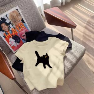Summer New Loose Womens Cotton T-shirt Cat Print Short Sleeve Casual Chic Top Korean Style round Neck Basic Fit Summer Wear