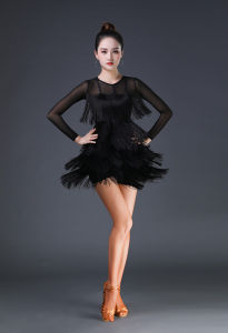 ชุดเดรสหลายชั้น สำหรับฝึกซ้อม ชุดเดรสเต้นรำมีพู่ชูด หางยาวสำหรับผู้หญิง ชุดเดรสเต้นรำละติน