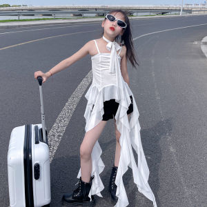 Girl Dress Summer 2024 New Arrival Kids Asymmetrical Ruffles Halter Skirt Childrens Ribbon Dress