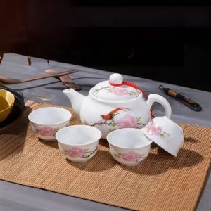 Bộ Ấm 4 Chén Pha Trà Mini Men Sứ Trắng Hoạ Tiết Chim Sáo Đón Xuân - Trúc Báo Bình An