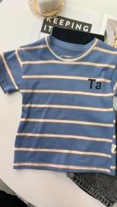 Pakaian anak-anak setelan anak usia 0-5 tahun Kaos Huruf Leher Kru Bergaris Lengan Pendek Celana pendek denim Anak laki-laki musim panas yang tampan versi Korea setelan jas dua potong