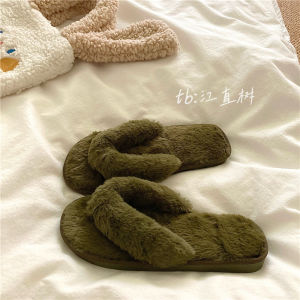 Self-Retained Super Thick ~! Warm Fleece-lined Winter Cotton Slippers Female Ins Outwear Home Non-Slip Herringbone Fluffy Slippers