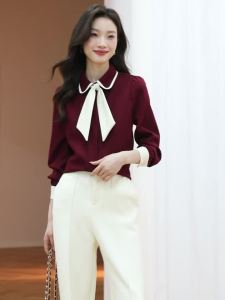 AMMIN 2024 Autumn new simple lapel fashion beaded tie design Pleated single-breasted commuter chiffon shirt Womens Korean style simple solid color long sleeve elegant blouse
