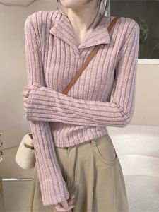 Elegant V-Neck Knitted Long Sleeve Base Shirt Womens New Style Spring Autumn Outerwear Winter Short Top Waist-Cut T-Shirt