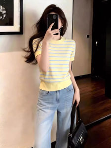 PEIXI | Yellow Blue Striped Round Neck Short Sleeve Knit T-Shirt