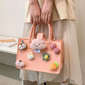 Felt Cute Handbag with Dolls Kids Lunch Picnic Bag Large Capacity Travel Bento Bag Multipurpose Tote Shopping Bag