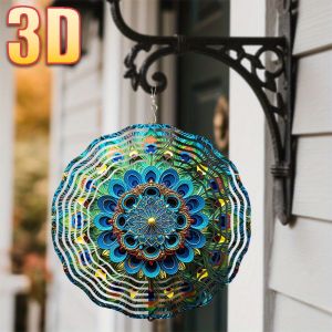 CIFbuy | 3D Peacock Feather Mandala Wind Spinner - 10 Inch Double Sided Metal Art with 360 Swivel Hook for Garden Lawn Decor Gift