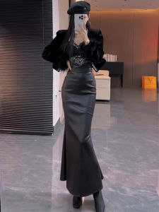 Retro High Waist Black PU Leather Fish Tail Half Skirt Womens Style Slim Fit Wrap around Long Skirts Autumn New Arrival