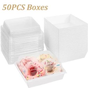 50Pcs Sandwich Box with Transparent Lid Square White/Pink Bread Box Cookie Box Swiss Roll Packaging Box Birthday Party Supplies