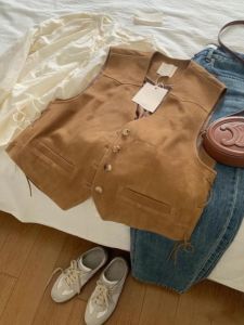 Heavy Industry Retro Design Suede Vest Womens Fall and Winter K-style Western Style Bandage Dress Outer Wear Knotted Short Vest