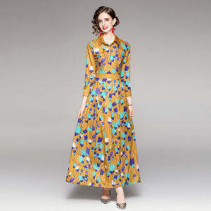 Váy Dài Họa Tiết Hoa Cỡ Lớn Phong Cách Anh Quốc Châu Âu Cho Nữ Váy Dạ Hội Thời Trang Xuân Hè Thu Đông Váy Chữ a Dài Tay Dài Cổ Polo