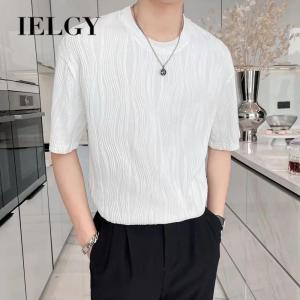 Ielgy Áo thun ngắn tay áo sơ mi kẻ sọc thường ngày dáng rộng phong cách Hàn Quốc Lụa băng cho nam