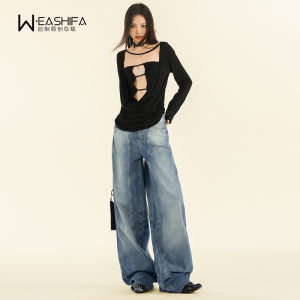 กางเกงยีนส์ขากว้างเอวต่ำทรงหลวมสำหรับผู้หญิง กางเกงขายาวทรงตรงสไตล์อเมริกัน ฤดูใบไม้ผลิ 2024 กางเกงยีนส์ทรงหลวมสไตล์ย้อนยุค