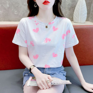 Pink Cotton Short Sleeve T-Shirt Womens Loose Fit Summer Design Love Letter Print Anti-Aging Top Korean Style round Neck