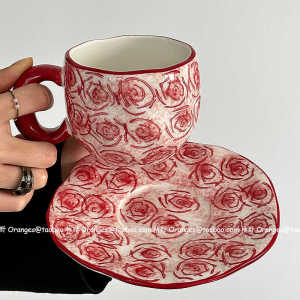Retro Hand-Painted Rose Coffee Cup Ceramic Orange Limit Edition Afternoon Tea Latte Cup Small Niche Gift Korean Style