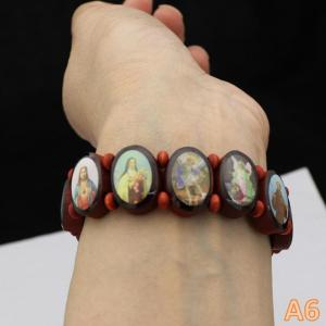 Wooden Rosary Bracelet - Elegant Religious Icon Stickers Drip Oil Finish Spiritual Beaded Prayer Jewelry For Devotional Wear