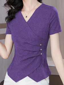 HUAXUNRAN | Summer Cotton V-Neck Slimming Short Sleeve Top