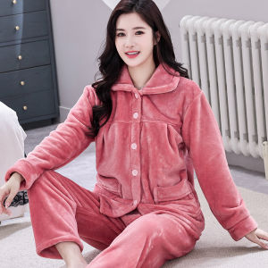 Thickened Coral Fleece Pajamas Womens Autumn Winter Set Flannel Lined Long Sleeve Home Clothes Luxury Style Youth Size