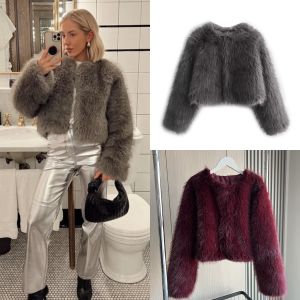 Faux fur jacket 2025 Fall/Winter New Fashion Womens Faux Fur Effect Round Neck Long Sleeve Short Jacket