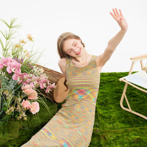 Lagogo Colorful Stripes Elegant High Waist Strap Dress Womens Summer New Simple Style Midi Skirt A-Line Gown Nylon Rayon