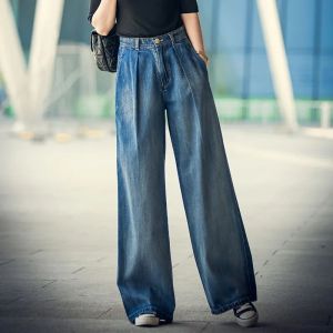 Quần Jeans Denim Ống Rộng Cạp Cao Phong Cách Retro Cho Nữ Quần Dài Thường Ngày Màu Trơn Quần Dài Dài Đến Sàn