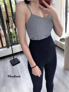 Moulan Yoga Set Womens V-neck Drop-shaped Stripe Thin Belt Professional Summer New Arrival Blue White Stripes Nine-Piece Pants