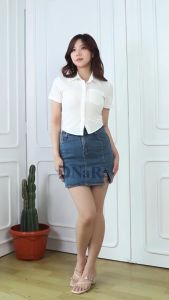 DNaRa - Fuji Top Pendek Kemeja lengan pendek pinggang wanita gaya Korea atasan kemeja kancing perut gadis seksi