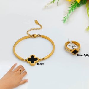 Set Gelang Patah+Cincin Bunga Grigi Full Permata Diamond Mewah Anti Luntur Titanium Stainless Steel